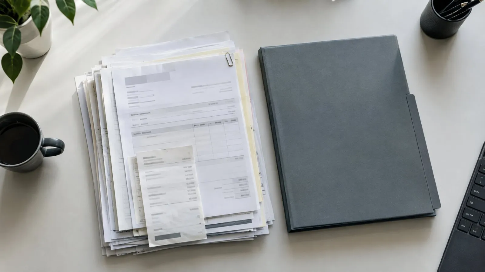 Documentos de facturación apilados sobre la mesa de un despacho profesional