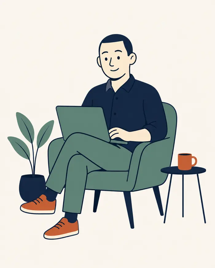 Ilustración de Sergio, fundador de Nexe Consultors, trabajando en su portátil